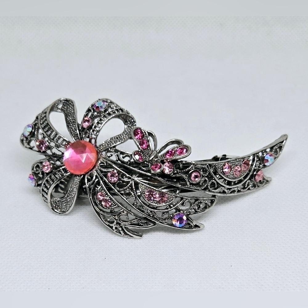 Vintage Silver & Pink Jeweled Hair Barrette – Victorian Style Accessory - Picture 3 of 8